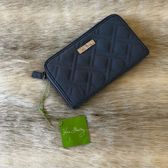 New VERA BRADLEY Charcoal Light Gray Zip Around Accordion Long Wallet Microfiber - Picture 1 of 11